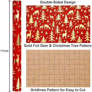 Red Christmas <b>Wrapping</b> <b>Paper</b> Gold Foil Reindeer Tree 17 In X 33 Ft Roll Gift Craft Recyclable - Product Image 3