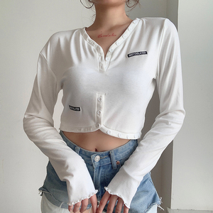 Mujeres de manga larga en blanco camiseta <span class=keywords><strong>mujer</strong></span> t camisa de algodón blanco top de cosecha t camisa - Product Image 2