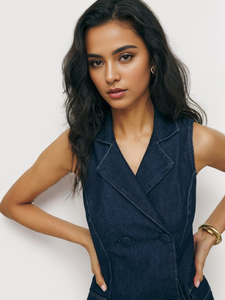 Alta qualità moda retrò <span class=keywords><strong>blu</strong></span> scuro con collo a chiatta senza maniche <span class=keywords><strong>doppiopetto</strong></span> eleganti pendolari professionali abiti corti da donna - Product Image 3