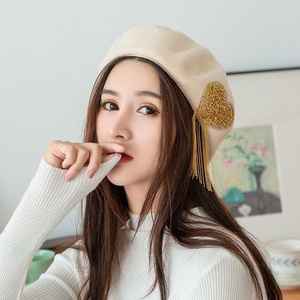 Béret Cœur en Strass à Pompom pour Femme, Béret de Peintre Rétro en Laine, Béret Haut de Gamme en Peluche Scintillant avec Cœur et Diamants - Product Image 2