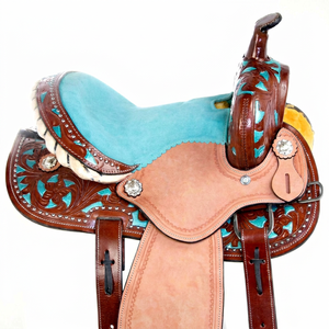 Selle Western en Cuir Véritable Légère de Qualité Supérieure, Faite à la Main, Équipement de Performance pour la Course de Barils et les Spectacles d'Équitation, Personnalisable - Product Image 1