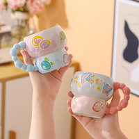 Tasse à petit-déjeuner en céramique gaufrée peinte à la main, grande capacité, pour flocons d'avoine, mignonne et créative, pour usage domestique, motif dessin animé, compatible lave-vaisselle, Chaozhou