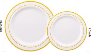 102 Platos Desechables de Plástico Dorado Resistentes para Fiestas y Bodas, 10.25 Pulgadas para Cena, 7.5 Pulgadas para Postre/Aperitivo, Elegantes y Blancos - Product Image 4