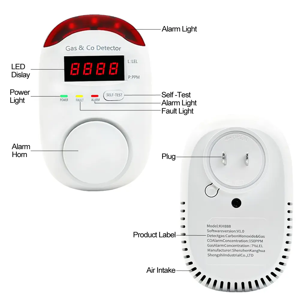Kh Cảnh báo kết hợp gas Carbon Monoxide Detector Plug-in báo động bằng giọng nói khí tự nhiên Carbon Monoxide rò rỉ Detector nhà sản xuất