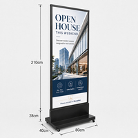 Expositor móvil negro mate con ruedas de 80*210 cm, soporte comercial para letreros de suelo para vestíbulos y comercios.