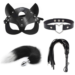 Ensemble de bondage BDSM de quatre pièces, comprenant un plug anal en métal érotique, un masque pour les yeux, un collier et un <span class=keywords><strong>fouet</strong></span>, pour les couples, jouets sexuels, accessoires de scène - Product Image 1