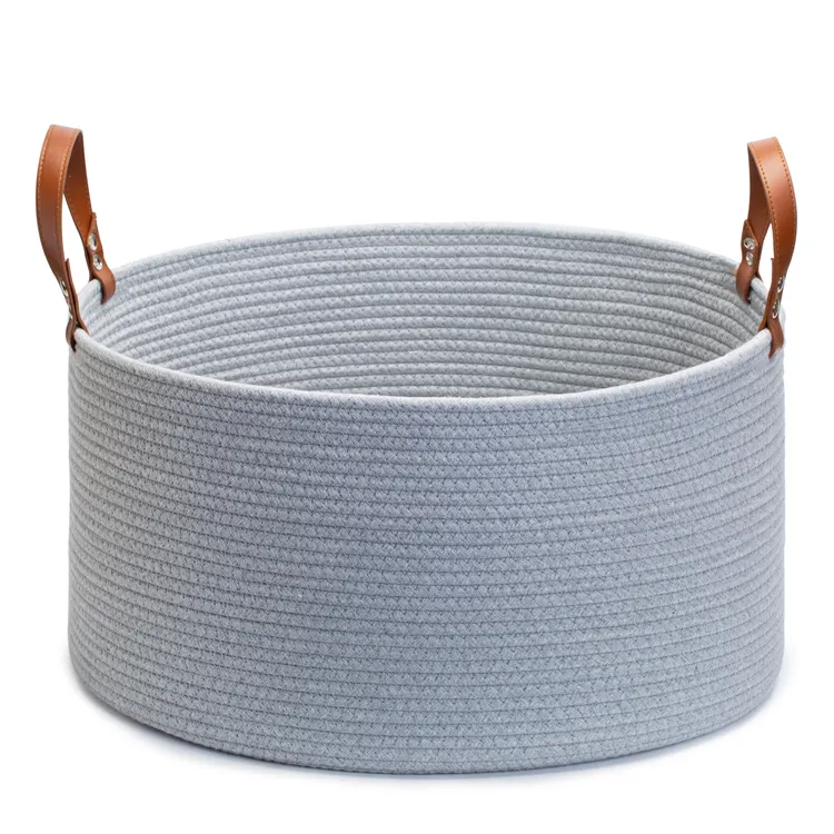 Durable round custom cotton rope nice storage basket with dividers leather handle