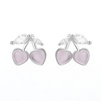 925 Sterling Zilver Kersen Stud Oorbellen Kattenoog Steen Kawaii Sprankelend Schattig voor Vrouwen