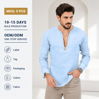 Chemise Henley décontractée à manches longues et col en V pour homme, respirante, coupe régulière, en mélange coton-lin, idéale pour l'été et la plage, vente en gros