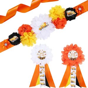 Kit de ceinture de maternité et de ceinture de ventre pour baby shower thème Construction, couleur orange, avec épingles de corsage pour future maman et future papa - Product Image 1
