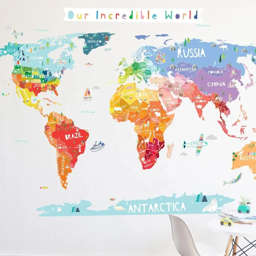Peta Dunia Dinding USA Laminasi Kustom untuk Poster Kelas Dinding Anak-anak