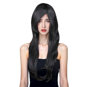 Longue perruque ondulée noire pour femmes perruque de cheveux synthétiques résistants à la chaleur à l'aspect naturel avec frange latérale fête Cosplay <span class=keywords><strong>coiffure</strong></span> de mode - Product Image 1