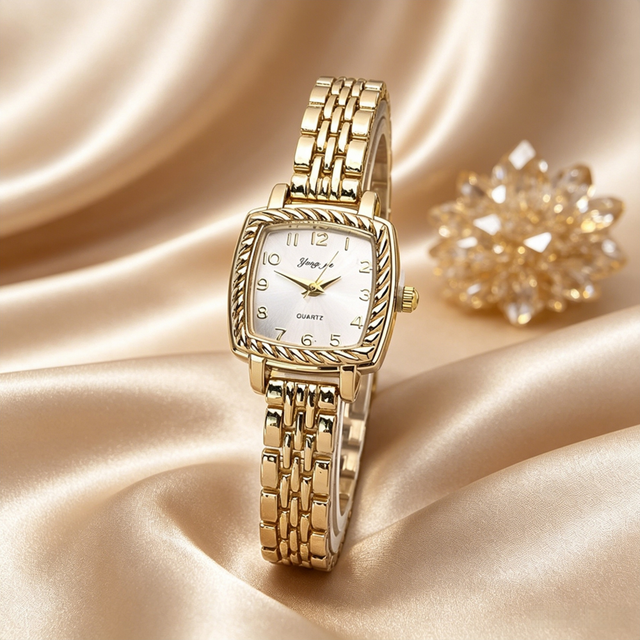 Factory Wholesale Women Square Gold Watch Vintage Twisted Bezel Black Dial Stainless Steel Band Ladies Quartz Dress Watch Gift