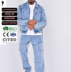 Men's Light Blue Denim Jacket and <b>Pants</b> Set Casual Two Piece Outfit Turn-<b>down</b> Collar Woven Cotton Autumn Style OEM ODM - Product Image 1