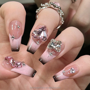 <span class=keywords><strong>Uñas</strong></span> Postizas Hechas a Mano con Diseño de Corazón Negro y Rosa, Adorno de Diamantes, para el Día de <span class=keywords><strong>San</strong></span> Valentín - Product Image 1