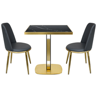 Table de salle à manger carrée en pierre frittée de luxe sur mesure OEM, base en acier inoxydable noir et or pour café, bistrot, hôtel