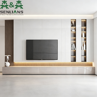 Meuble TV mural intégré SLS moderne et minimaliste, panneau cannelé rétroéclairé par LED, base en marbre, meuble multimédia sur mesure