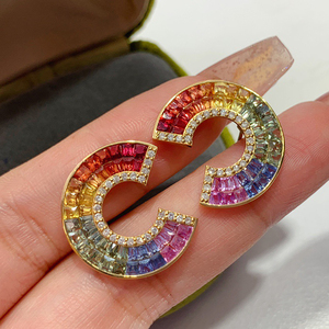 อาซูโอ เครื่องประดับหรูหรา ทองคำแท้ 18K สีเหลืองทอง ประดับด้วยแซฟไฟร์ธรรมชาติและเพชรแท้ ต่างหูแบบติดหูสีรุ้ง ของขวัญสำหรับสุภาพสตรี สวมใส่ได้ทุกวัน - Product Image 6