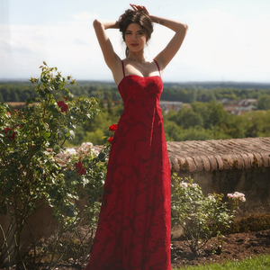 Элегантное Красное Кружевное вышитое платье на тонких бретельках с милой горловиной облегающее платье в пол торжественное вечернее свадебное платье - Product Image 3