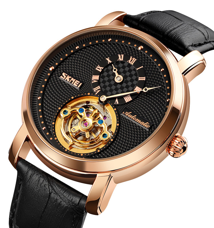 Fashion Skeleton Dial Watch 3ATM Waterproof SKMEI 9240 Genuine Leather Strap Full Automatic Watches For Men