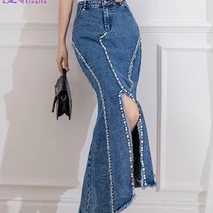 2023 New Fashion Fashion Denim Spring Fish Tail S-XL Long Maxi Skirts Women Jeans Beaded Irregular Slit Skirts