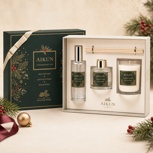Aikun Festive Pine Clear Glass 3 Piece Home Fragrance <b>Gift</b> <b>Set</b> with Reed Diffuser Scented <b>Candle</b> Room Spray and Rigid Box - Product Image 1