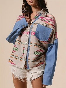 Chaqueta Vintage de Otoño, Elegante, con Parches de Mezclilla, Estampado <span class=keywords><strong>Azteca</strong></span>, Cierre de Botón, Camisa <span class=keywords><strong>Azteca</strong></span> para Mujer - Product Image 3