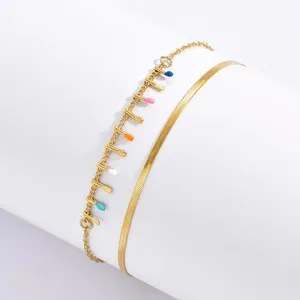 New Design 18K Gold Plated Stainless Steel Colorful Beads Link Chain Flat Snake Chains Double Layer Bracelets Jewelry