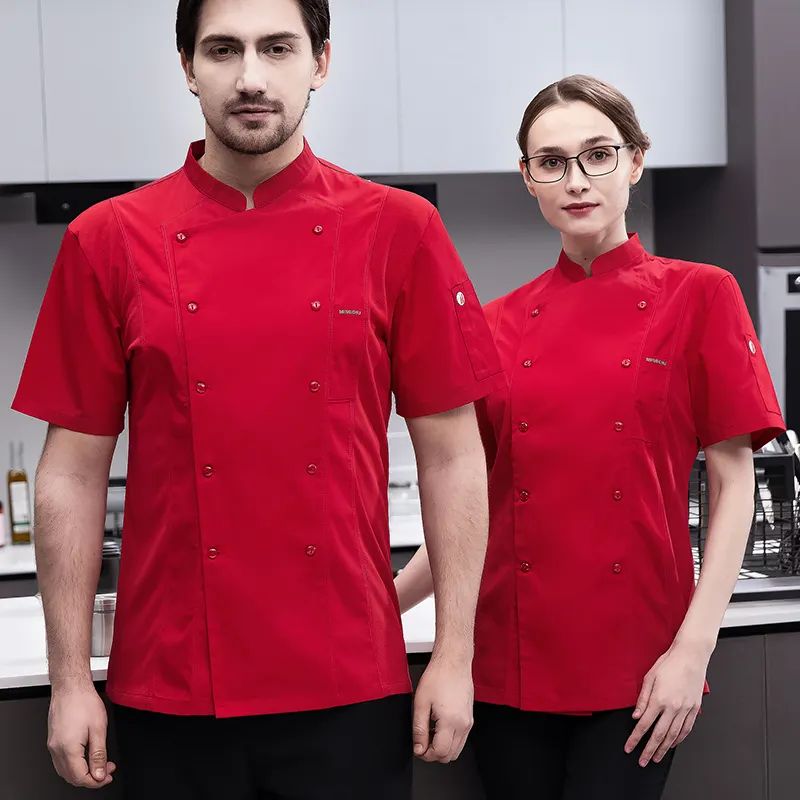 Hotel de 5 estrellas verano primavera a prueba de decoloración personal Chef abrigo para hombres mujeres algodón fino comedor camarero uniforme blanco Chef