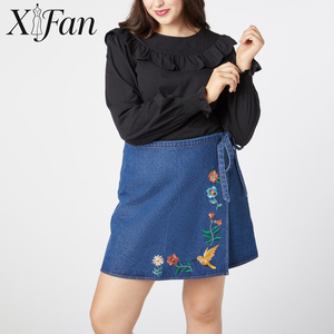 Jupe en jean brodée taille haute pour femme, grande taille, style Y2K, 100 % coton, vente en gros, ODM/OEM personnalisée, collection été - Product Image 1