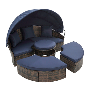 KD Rattan Round Lounge With <b>Canopy</b> Outdoor Bali Bed Wicker Sofa Bed With Lift Coffee Table - Product Image 3