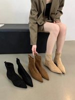 Bottines courtes à bout pointu en daim extensible pour femme, à enfiler, talon bas, coupe ajustée, pour l'automne, l'hiver, le quotidien et les soirées