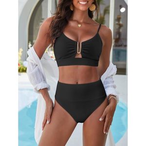 FOXA <b>Bikini</b> <b>Set</b> Women Summer High Waisted 2 Piece Ribbed U-Wire Cutout Swimwear Beach Vacation Stretch Spandex Nylon - Product Image 3