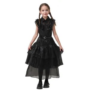 Vestido de Halloween para meninas e família Addams, vestido gótico preto com cosplay de quarta-feira
