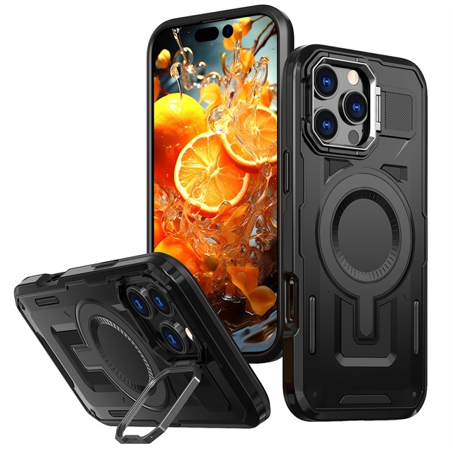 Magnetic Metal Camera Lens Stand Armor Back case for iPhone 18 17 16 15 14 13 12 11 Pro Max + XR Wireless Charging Rugged Cover