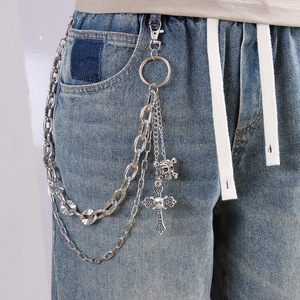 Cadena de pantalón estilo hip hop de doble capa con diseño de girasol, calavera y cruz, para uso diario, cadena de cintura de plata tibetana. - Product Image 1