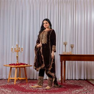 Salwar Kameez Dupatta de Terciopelo Marrón Tejido y Bordado para Mujer, 2 Piezas, Largo, Reversible, Elástico, de Secado Rápido, para Fiestas - Product Image 1