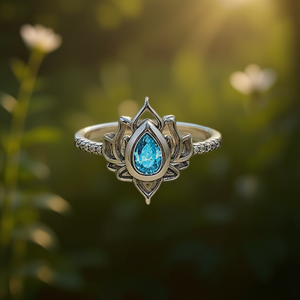 แหวนเงินแท้ 925 ลายดอกไม้สไตล์วินเทจ ประดับพลอยบลูโทแพซทรงลูกแพร์ ฝังแบบ Bezel สำหรับเครื่องประดับหมั้นผู้หญิง รุ่น Q256 - Product Image 2