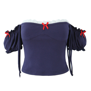 Short Sleeve <strong>Navy</strong> Color Slash Neck Back Hollow Out Casual Fashion Crop Blouse <strong>Top</strong> for <strong>Women</strong> - Product Image 1