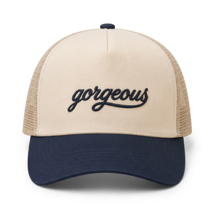 Gorra Trucker Personalizada al por Mayor, Bordada, Beige y Azul Marino, Malla, Perfil Alto, 5 Paneles, Visera Curva, Alta Calidad, Unisex - Product Image 1