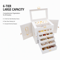 Boîte de rangement pour bijoux en cuir PU blanc sur mesure avec fenêtre en verre transparent, 5 tiroirs, 2 portes latérales, organiseur pour colliers