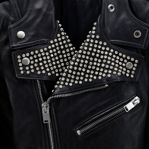 Chaqueta de cuero genuino de talla grande estilo <span class=keywords><strong>Hedi</strong></span> de alta calidad, inspirada en la motocicleta de invierno, característica a prueba de agua, logotipo frontal, Cuello con remaches - Product Image 3