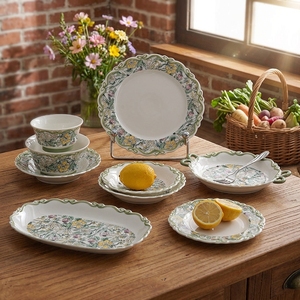 Service de <span class=keywords><strong>vaisselle</strong></span> en porcelaine à fleurs vertes, style vintage, <span class=keywords><strong>vaisselle</strong></span> de jardin florale, <span class=keywords><strong>vaisselle</strong></span> de table familiale, assiettes en céramique - Product Image 1
