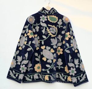 Veste matelassée en velours brodée de fleurs pour femme, col mandarin, manches longues, style élégant d'hiver, fermeture éclair, coton - Product Image 6