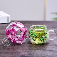 Tasse à double paroi en verre borosilicate isolé 150 ml avec fleurs séchées esthétiques, mug créatif pour thé et café avec poignée