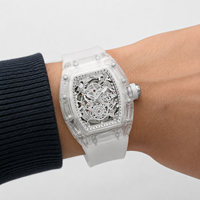 Montre mécanique automatique pour hommes, boîtier en alliage transparent en forme de baril, 44mm, pointeur lumineux, bracelet en Silicone ajouré, étanche à 30M