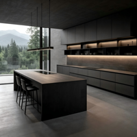 Meubles de cuisine modernes de luxe sur mesure en contreplaqué, MDF et bois massif avec îlot central pour projet de villa