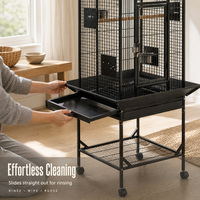 Cage à oiseaux en acier inoxydable noir pour perroquets, canaris, perruches, avec roulettes et plateau coulissant, vente en gros
