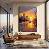 Peinture à l'huile sur toile peinte à la main, sur mesure, grande taille, coucher de soleil orange, texture épaisse, couteau à palette, art mural pour salon de luxe