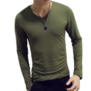 TS148バルクスリムフィット高品質無地Tシャツプリントあなた自身のロゴブラウン長袖TシャツメンズアンダーシャツvネックTシャツ
